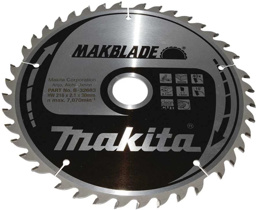 Makita T.C.T. pjūklas MAKBLADE 216X2.1X30mm 10° T40 B-32683 T.C.T • 216 x30 mm • T40 • 10° • Medienai