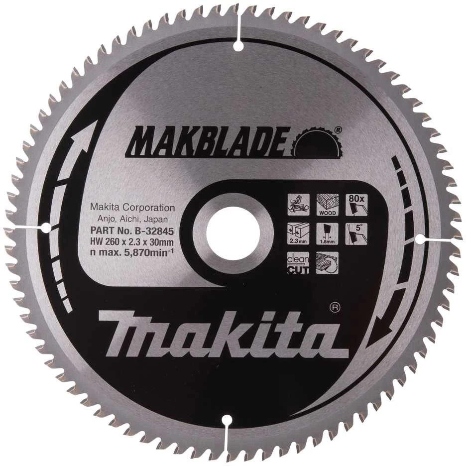 Makita T.C.T. pjūklas MAKBLADE 260X2.3X30mm 5° T80 B-32845 T.C.T • 260 x30 mm • T80 • 5° • Medienai