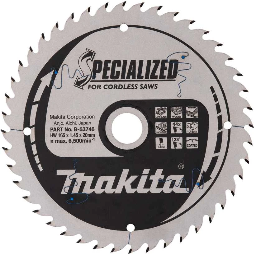 Makita T.C.T. pjūklas SPECIALIZED 165X1.45X20mm 23° T44 B-53746 T.C.T • 165 x20 mm • T44 • 23° • Medienai/MDF/laminatui