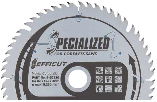 Makita T.C.T. pjūklas EFFICUT 165X1.45X20mm 23° T56 B-57336 T.C.T • 165 x20 mm • T56 • 23° • Medienai/MDF/laminatui