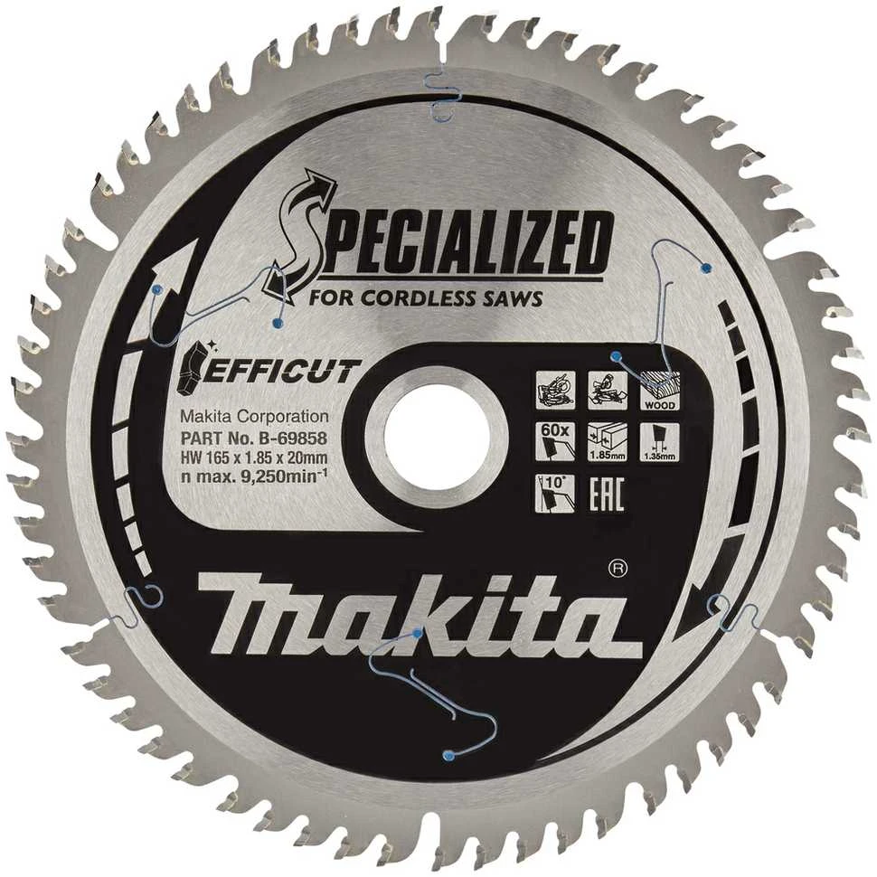 Makita T.C.T. pjūklas EFFICUT 165X1.85X20mm 10° T60 B-69864 T.C.T • 165 x20 mm • T60 • 10° • Medienai