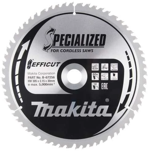 Makita T.C.T. pjūklas EFFICUT 305X2.15X30mm 10° T60 B-67256 T.C.T • 305 x30 mm • T60 • 10° • Medienai