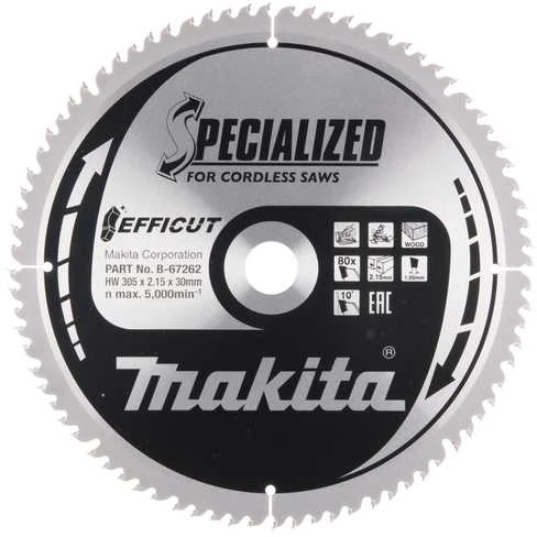 Makita T.C.T. pjūklas EFFICUT 305X2.15X30mm 10° T80 B-67262 T.C.T • 305 x30 mm • T80 • 10° • Medienai