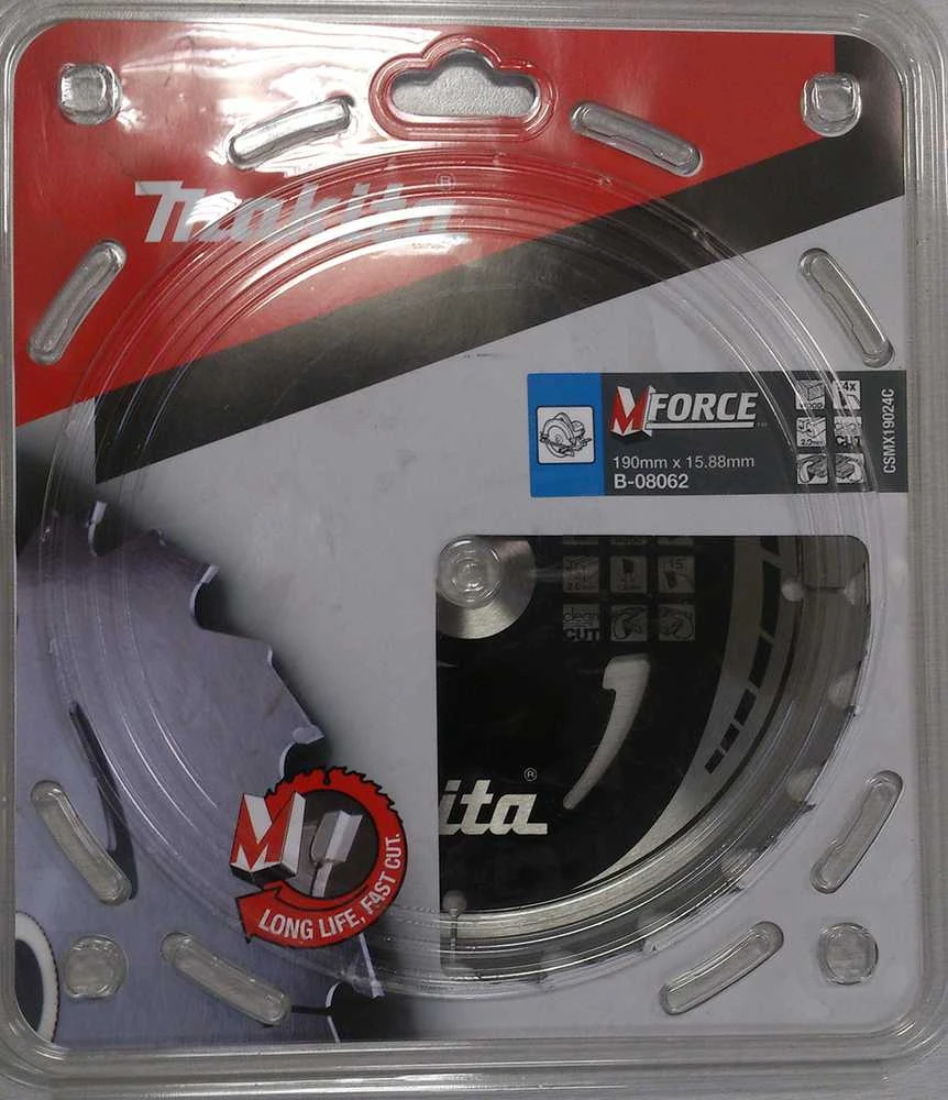 Makita T.C.T. pjūklas M-FORCE 190X2X15.88mm 15° T24 B-08062 T.C.T • 190 x15.88 mm • T24 • 15° • Medienai