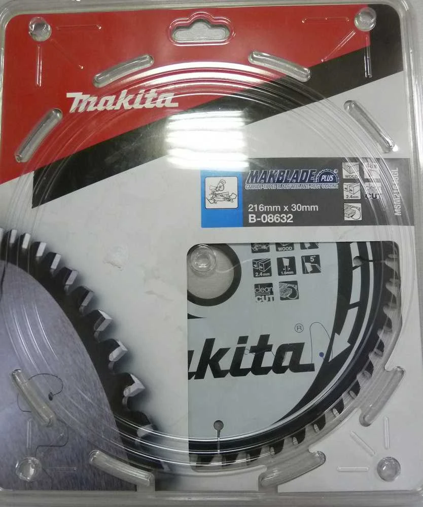 Makita T.C.T. pjūklas MAKBLADE PLUS 216X2.4X30mm 5° T48 B-08632 T.C.T • 216 x30 mm • T48 • 5° • Medienai