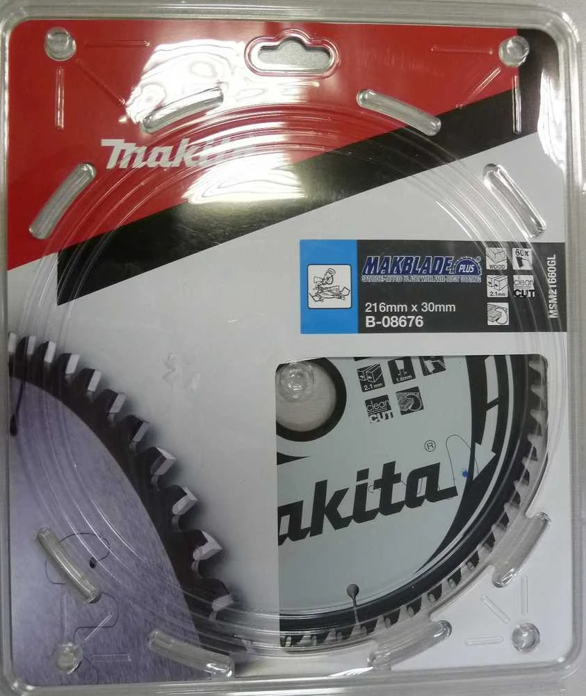 Makita T.C.T. pjūklas MAKBLADE PLUS 216X2.1X30mm 5° T60 B-08676 T.C.T • 216 x30 mm • T60 • 5° • Medienai