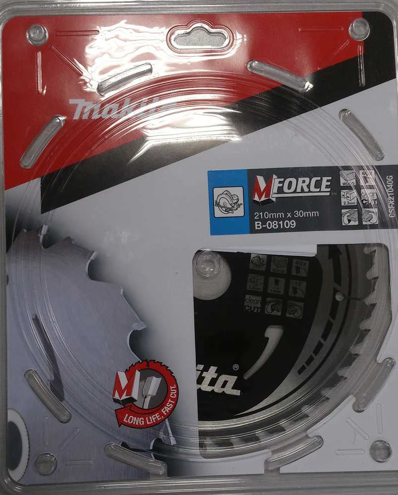 Makita T.C.T. pjūklas M-FORCE 210X2.3X30mm 15° T40 B-08109 T.C.T • 210 x30 mm • T40 • 15° • Medienai