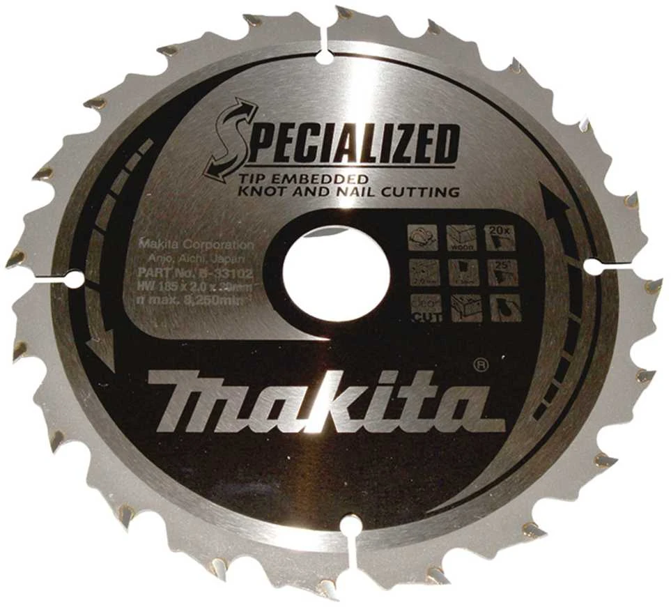 Makita T.C.T. pjovimo diskas SPECIALIZED 185X2X30mm 25° T20 B-33102 T.C.T • 185 x30 mm • T20 • 25° • medienai/medienai su vinimis
