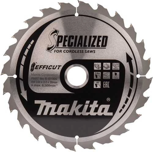 Makita T.C.T. pjūklas EFFICUT 235X2.2X30mm 20° T24 E-01909 T.C.T • 235 x30 mm • T24 • 20° • Medienai