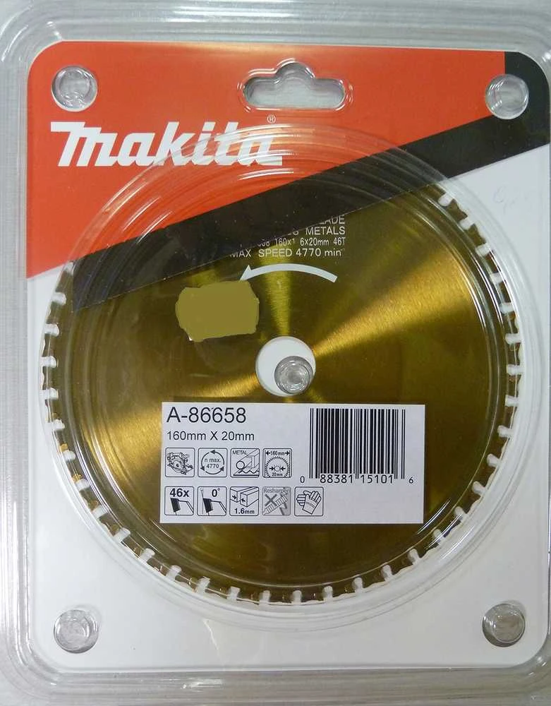 Makita T.C.T. pjūklas SPECIALIZED 160X1.6X20mm 0° T46 A-86658 T.C.T • 160 x20 mm • T46 • 0° • Metalui