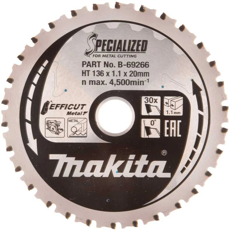 Makita T.C.T. pjūklas EFFICUT METAL 136X1.1X20mm 0° T30 B-69303 T.C.T • 136 x20 mm • T30 • 0° • Metalui