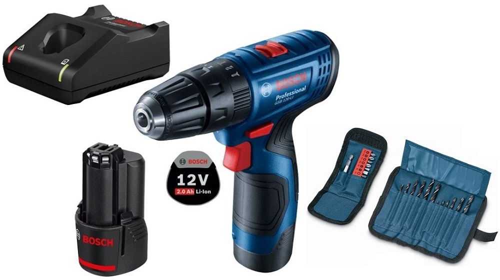 BOSCH smūginis suktuvas-gręžtuvas GSB 120-LI, 2x2,0Ah, lagaminas + 23 vnt rinkinys 12V 30/14Nm