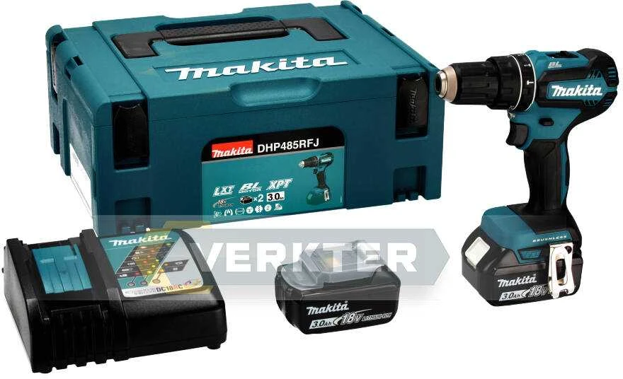 Makita DHP485RFJ Akumuliatorinis smūginis gręžtuvas, 18 V, 2x 3,0 Ah Li-ion, 50/25 Nm, 1,7kg, LED, BL-motor, MAKPACK