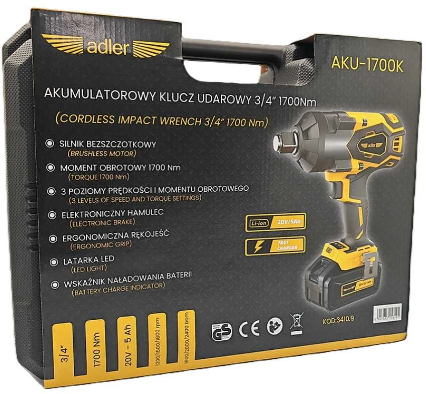 Smūginis veržliasukis Adler AKU-1700K; 20 V; 3/4''; 1x5,0 Ah akum.