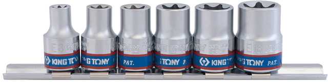 KING TONY STAR SOCETS RINKINYS / TORX 3/8" 6 vnt. SHORT E8 - E18, CHROME, ON bėgelis