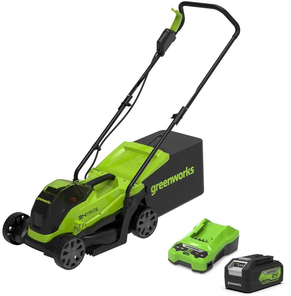 Greenworks gd24lm33K4 24V 33cm vejapjovė (su 4Ah akumuliatoriumi ir krovikliu)