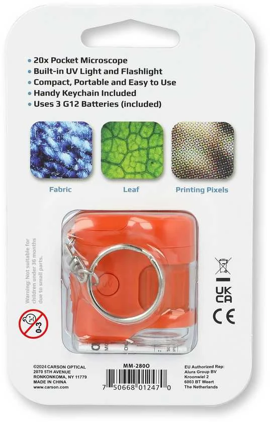 Carson MicroMini 20x kišeninis mikroskopas su UV spinduliais ir LED žibintuvėliu