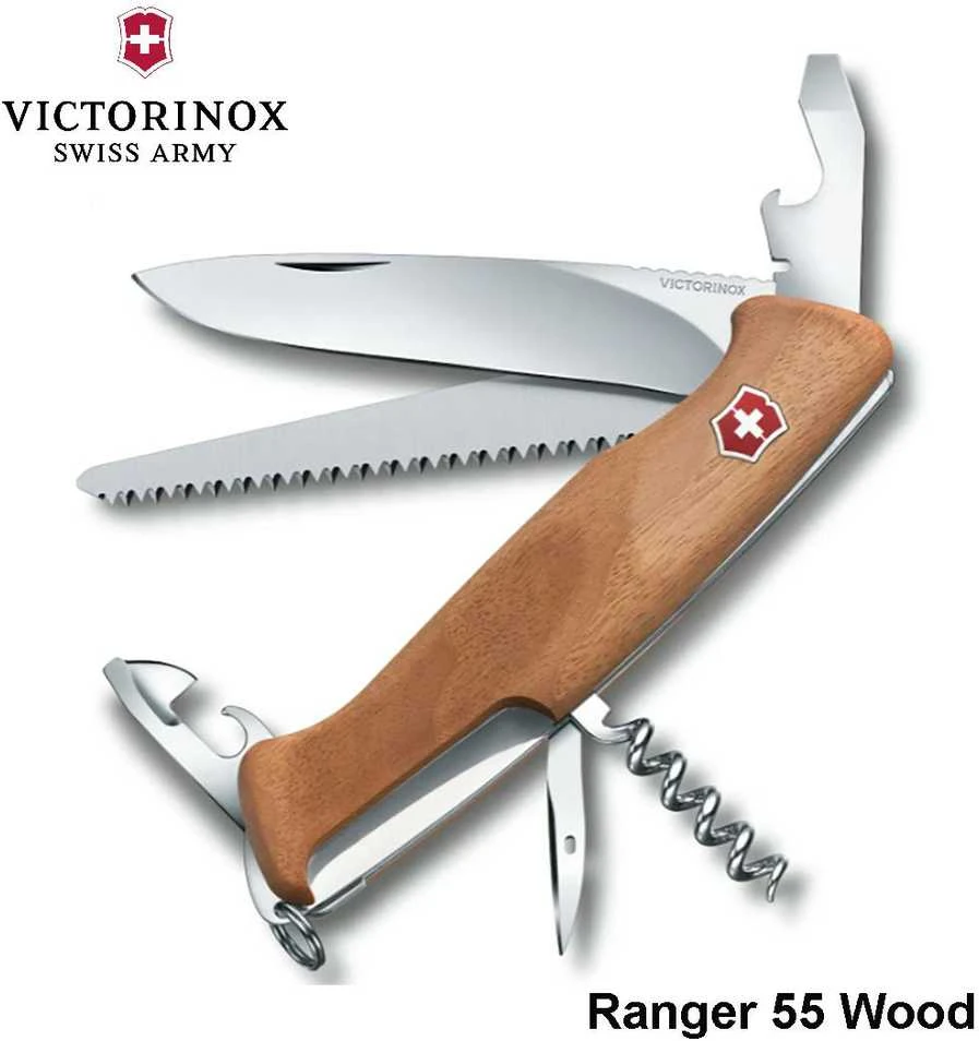 Šveicarija Victorinox Ranger 55 Wood kišeninis peilis su riešutmedžio kriaunomis