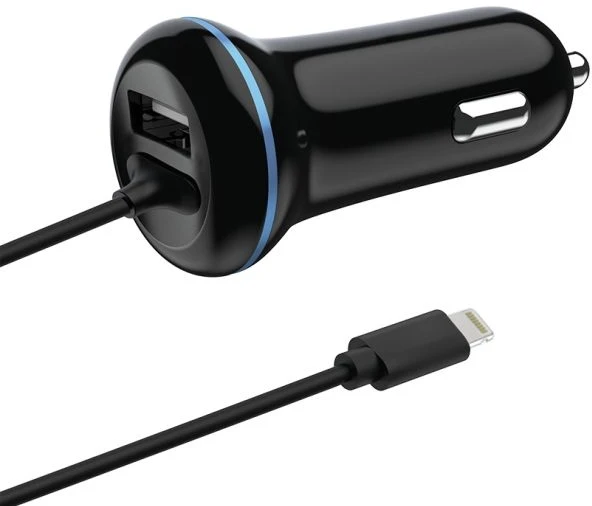 Įkroviklis 2GO USB-kroviklis samochodowa 2400mA Lightning + 1x USB 1,4m juoda