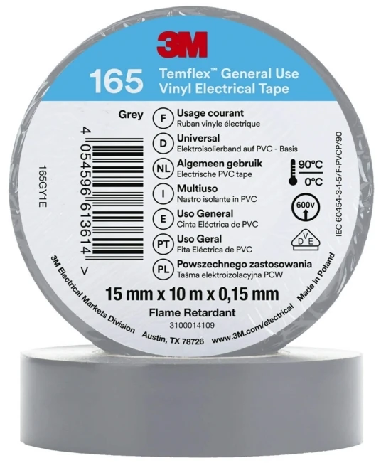 3M 165GY1E, 1 vnt., Pilka, PVC, 600 V, Lizdinė plokštelė, 10 m