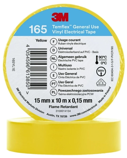 3M 165YL1E, 1 vnt., Geltonas, PVC, 600 V, Lizdinė plokštelė, 10 m