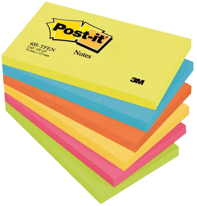 3M Post-it 655-TFEN – Užrašai – 76 x 127 mm – 600 lapų (6 x 100) – neoninė žalia, ultra mėlyna, neoninė oranžinė, ultra rožinė, ultra geltona