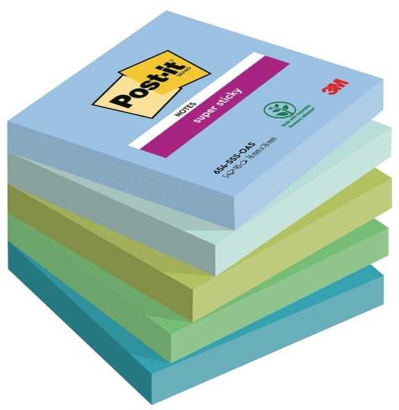 Lipnūs lapeliai užrašams 3M Post-it® Super Sticky Oasis, 76x76mm, 5 vnt. po 90 lapelių