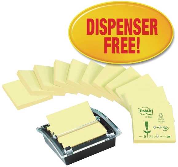 3M POST-IT R330 RECYKLING Z-NOTES PK12 + DISPENSER U/B