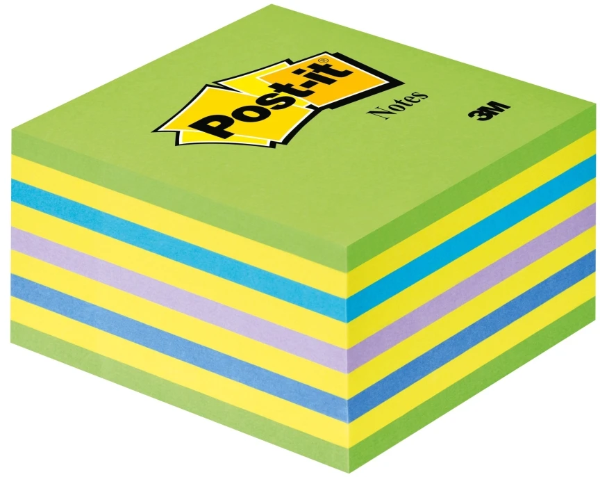 3M Lipnūs lapeliai Post-it Ledinukai kubas, 76 x 76 mm, 450 lapelių, neoninių melsvų spalvų derinys