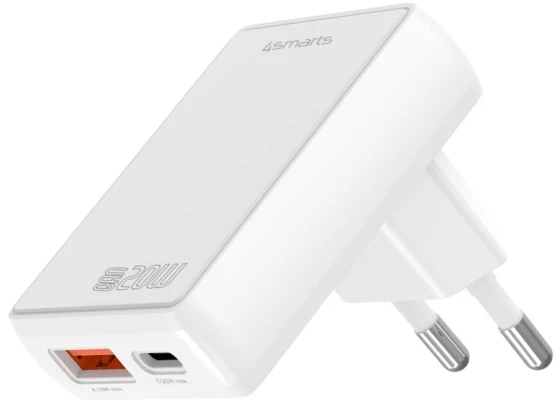 Laidinis įkroviklis 4smarts FlatPlug Duos 20W GaN USB-C + USB-A baltos spalvos