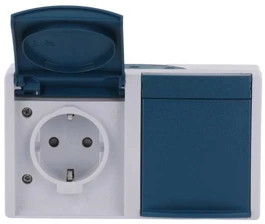 ABB Dvigubas „Ocean“ IP44 horizontalus lizdas su atlenkiamu dangteliu ir pilku/mėlynai žaliu pagrindu, 16A 250V, „Schuko“/šoninis įžeminimas ir apsaugos nuo vagystės įtaisas