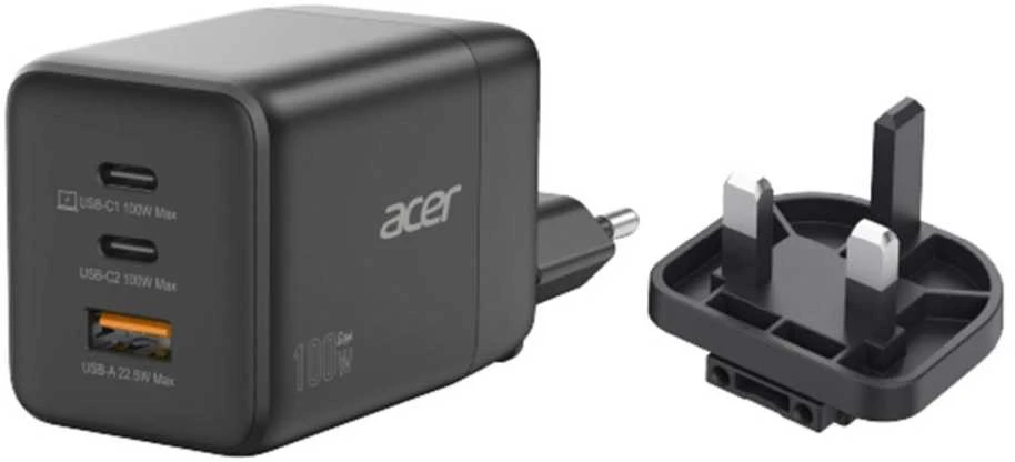 Acer | 100 W GaN įkroviklis, 2 x USB-C + 1 x USB-A jungtys