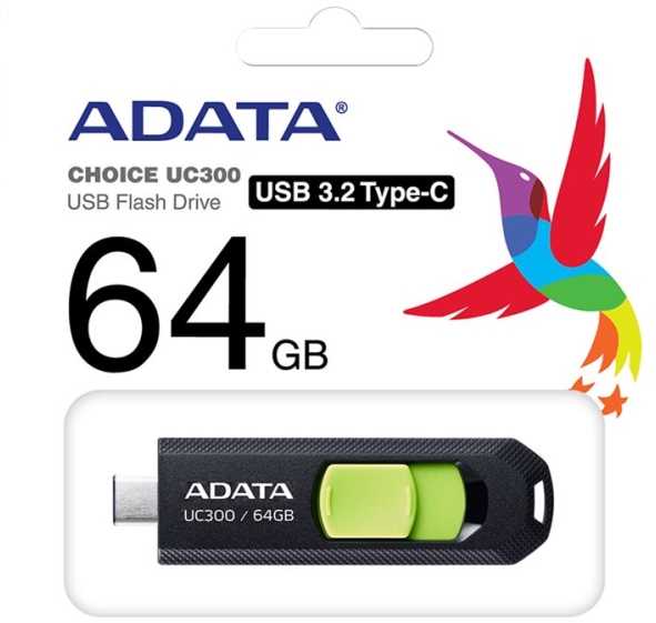 ADATA UC300, 64 GB, USB C tipo, 3.2 kartos 1 (3.1 kartos 1), 100 MB/s, išstumiamas, juodas, žalias