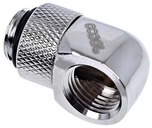 „Alphacool“ jungties adapteris 90 laipsnių G1/4 colio kištukas į G1/4 colio kištuką, pasukamas, chromuotas, su jungtimi