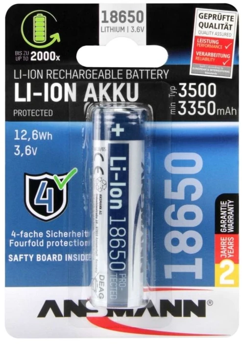 Akumuliatorius 18650 3.6V 3500mAh Li-Ion su integruotu krovimo valdikliu PCM ANSMANN