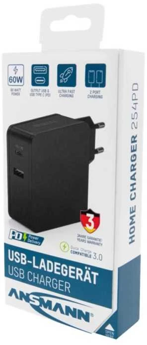 Ansmann namų įkroviklis 254PD 1xUSB 1xUSB Type-C PD 60W 4700mA
