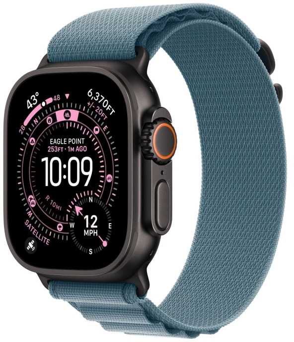 „Apple“ 49 mm šviesiai mėlynas „Alpine Loop“ – didelis – juodo titano apdaila