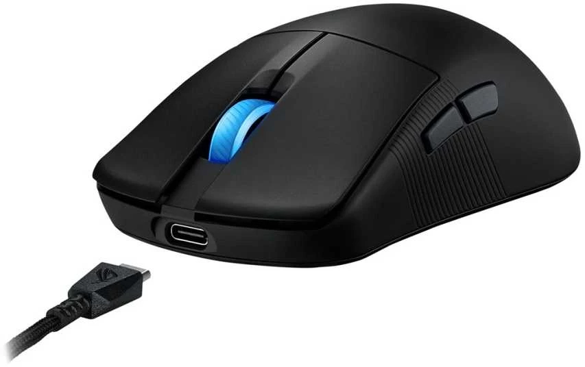 ASUS ROG Harpe Ace Mini belaidė žaidimų pelė, optinis jutiklis, 42,000 DPI, 5 mygtukai, juoda, abiejų rankų, USB Type-C ir Bluetooth ryšys