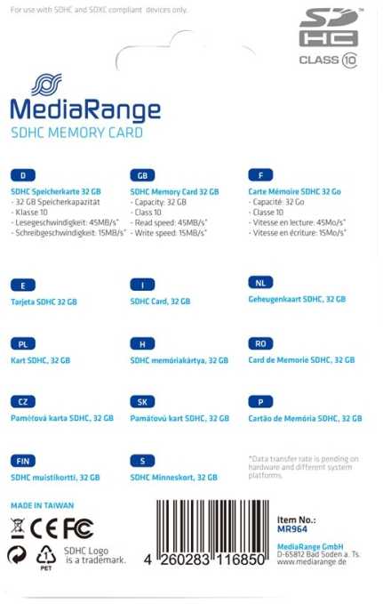 Atminties kortelė „Mediarange Secure Digital“ kortelė, 32 GB, SDHC, MR964, UHS-I U1 (10 klasė), SDHC, SDXC, EOL