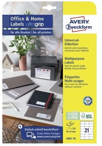 Avery Zweckform „Avery“ 3481-10, balta, lipni spausdintuvo etiketė, A4, popierius, lazerinis / rašalinis, nuolatinis