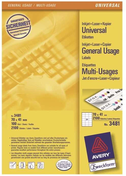 Lipnios etiketės Avery Zweckform, A4, 70x41mm, 21 etiketė lape, 100 lapų, baltos spalvos