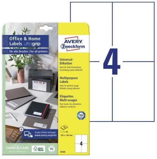 Avery Universalus bendrosios paskirties etiketės, 105 x 148 mm, balta, spausdintuvui, 40 vnt