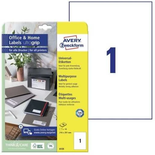 Avery „Zweckform“ universalios bendrosios paskirties etiketės, 210 x 297 mm, baltos, spausdintuvui, 10 vnt. -6125