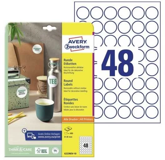 Avery „Zweckform“ popierinės etiketės Avery „Zweckform“, A4, 10 lapų, 30 mm skersmens, apvalios, nuimamos