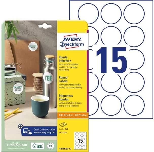 AVERY Zweckform identifikavimo etiketės, skersmuo: 51 mm, baltos, apvalios, nuimamos, nepadengtas popierius, - 1 vnt. (6225REV-10)