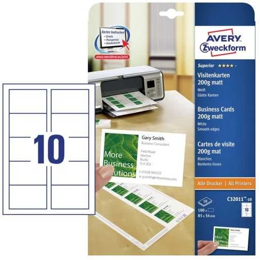 Avery Zweckform vizitinės kortelės, baltos, matinės, A4, 200 g/m2, 85x54mm, 10 lapų