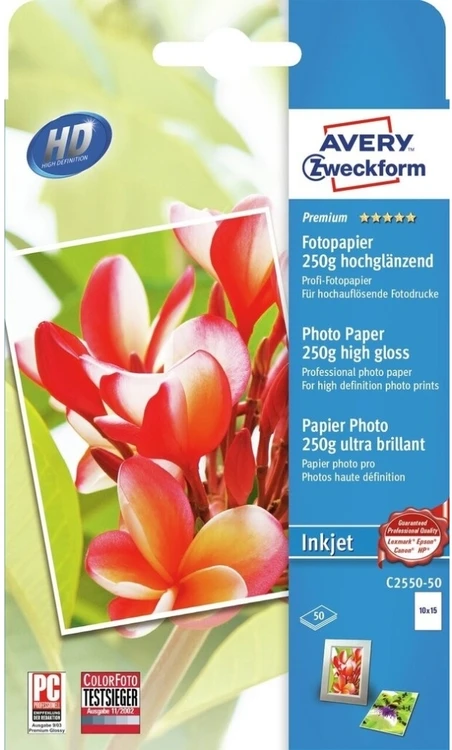 Avery Zweckform Avery C2550-50, Blizgus, 250 g/m², Rašalinis, 10 x 15 cm, Balta, 50 lapų