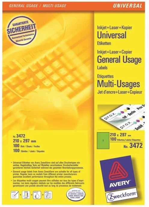 Lipnios etiketės Avery Zweckform, A4, 210x297mm, 1 etiketė lape, 100 lapų, žalios spalvos