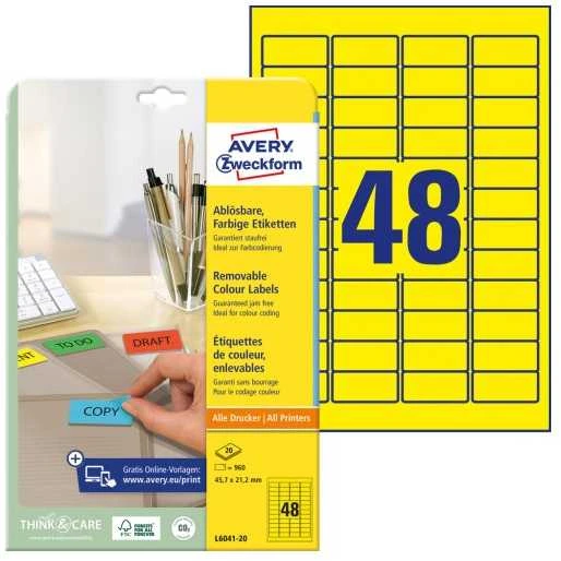 „Avery Zweckform“ nuimamos spalvotos etiketės, 45,7 x 21,2 mm „Geltona“ (L6041-20)