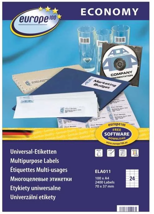 Lipnios etiketės Avery, A4, 70x37mm, 24 etiketės lape, be rėmelio, 100 lapų, baltos spalvos